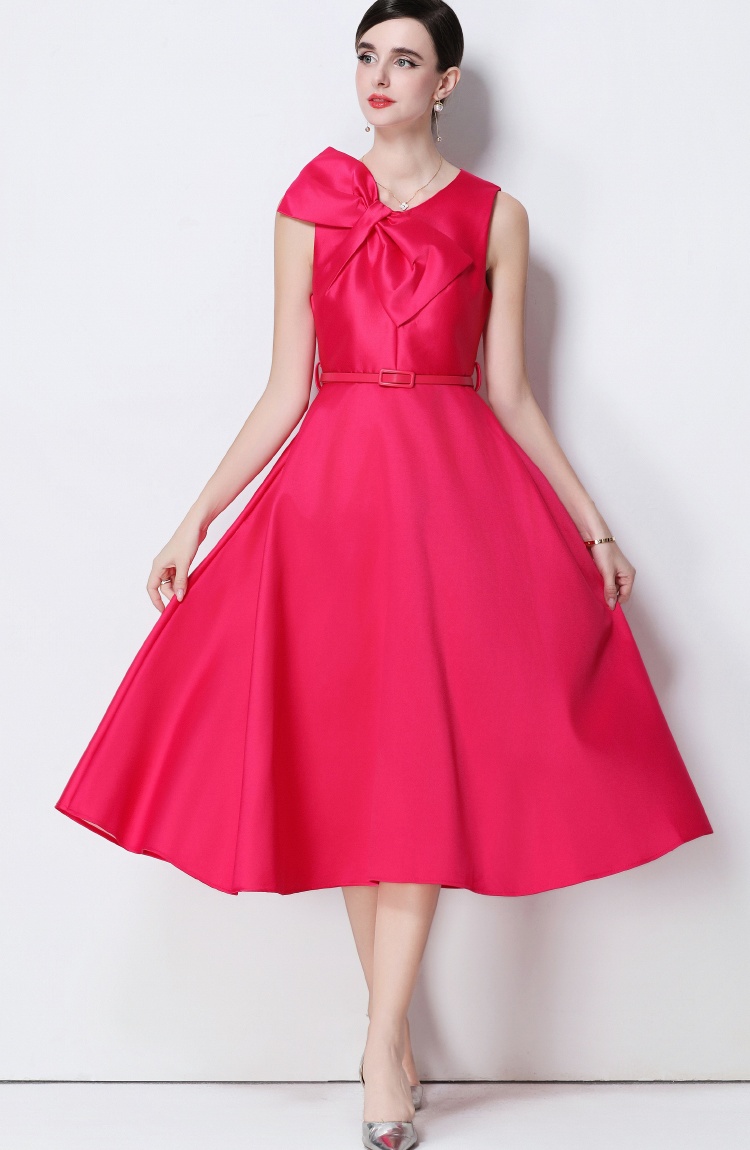 Pinched waist sleeveless with belt big bow V-neck dress