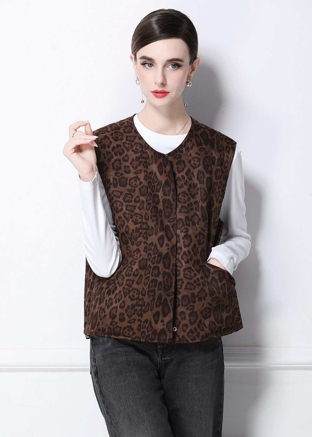 European style PU vest leopard retro small vest