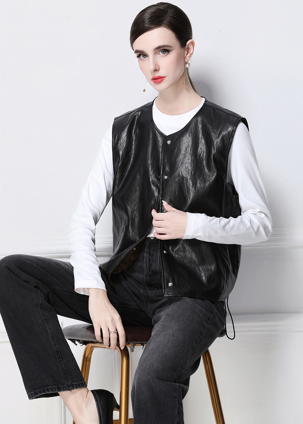 European style PU vest leopard retro small vest