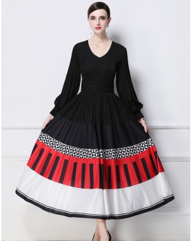 Printing long sleeve pinched waist Pleats Please dress
