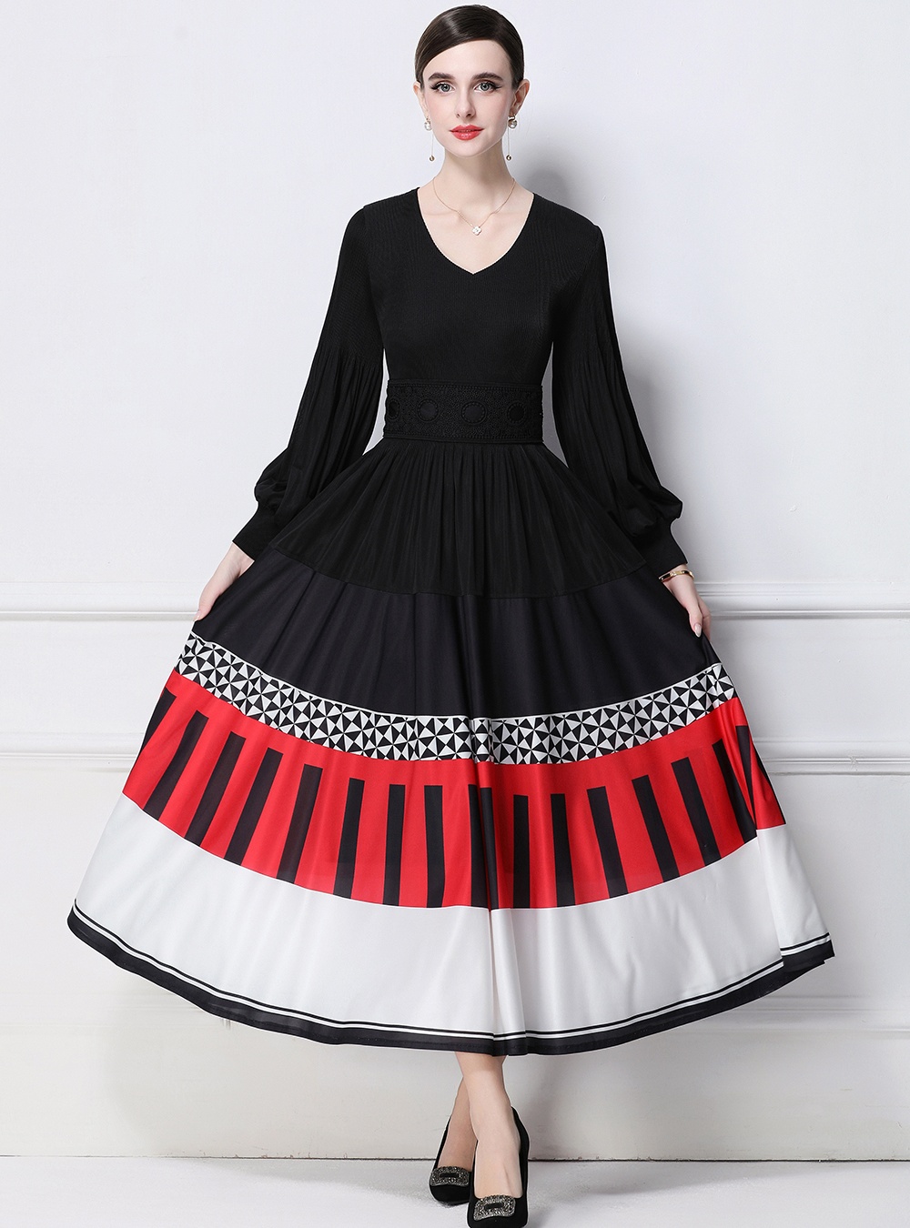 Printing long sleeve pinched waist Pleats Please dress