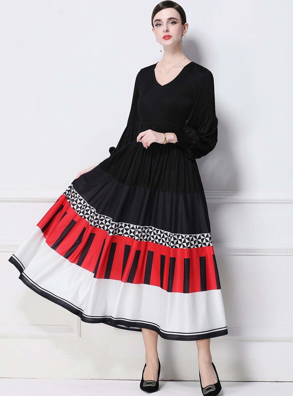 Printing long sleeve pinched waist Pleats Please dress