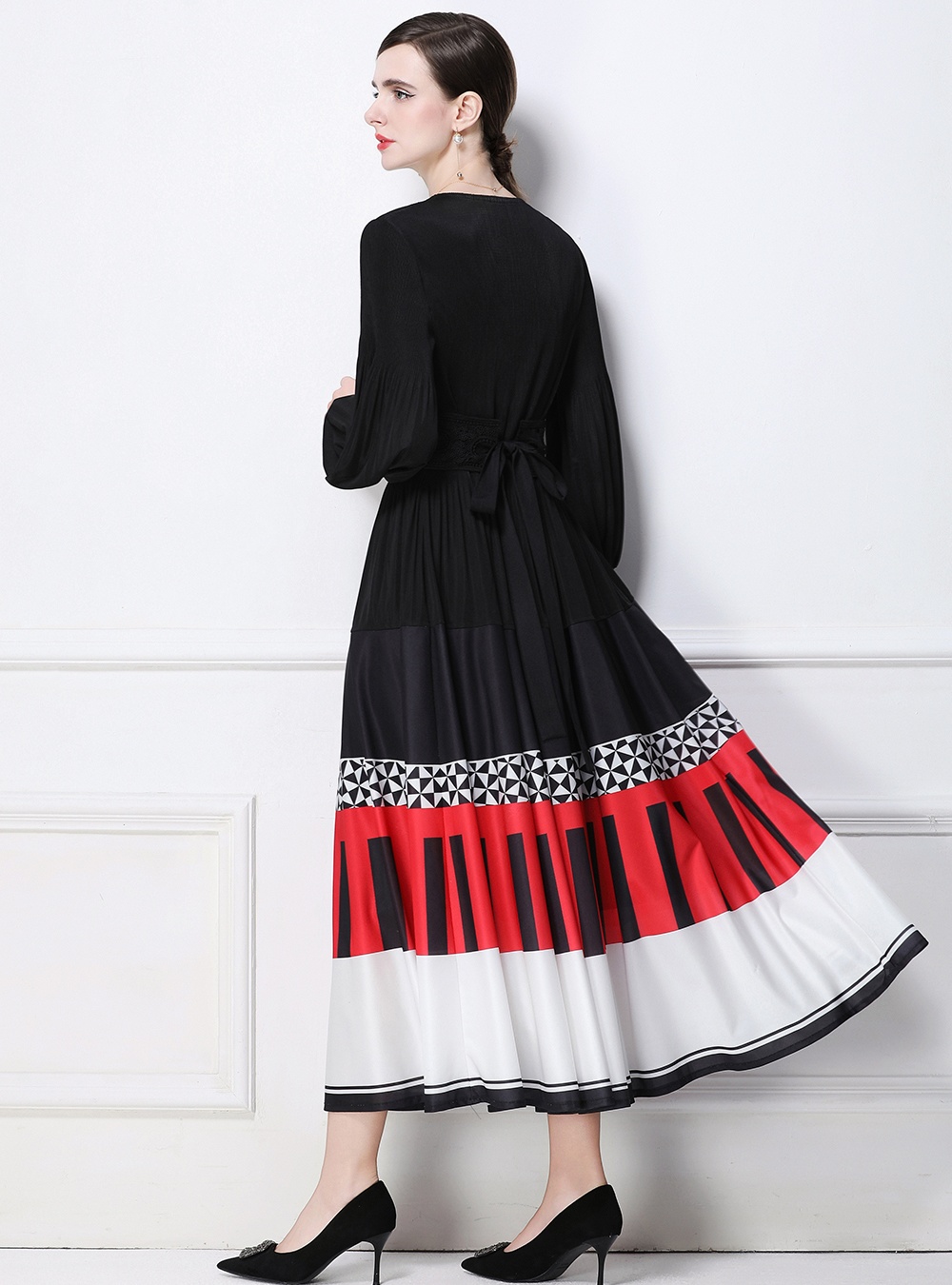 Printing long sleeve pinched waist Pleats Please dress