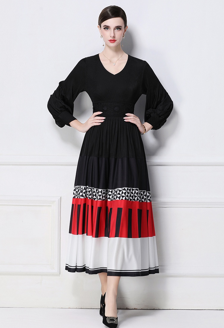 Printing long sleeve pinched waist Pleats Please dress