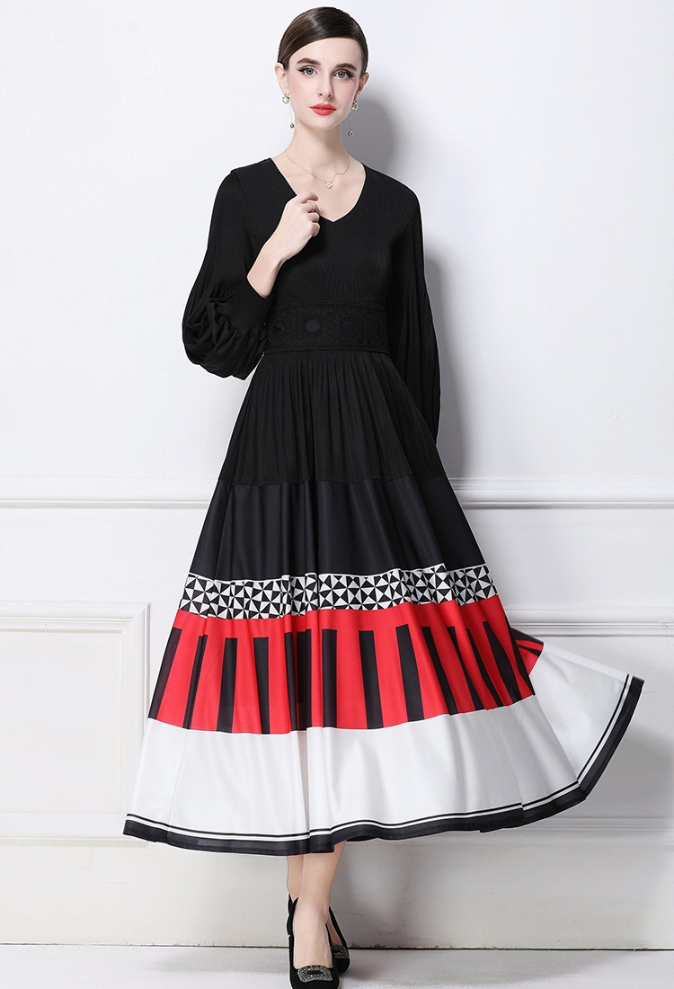 Printing long sleeve pinched waist Pleats Please dress