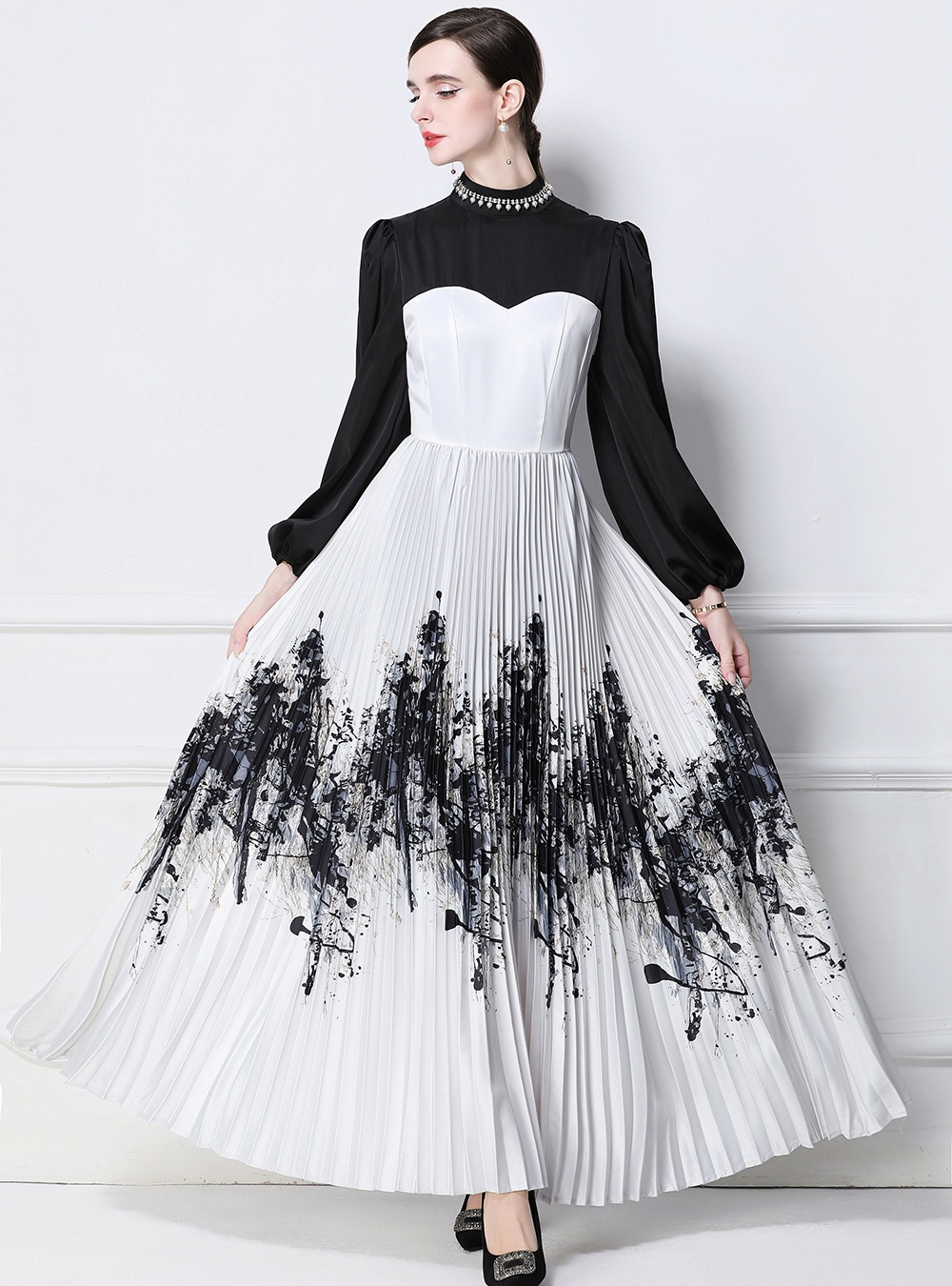 Ink splashes printing splice Chinese style dress