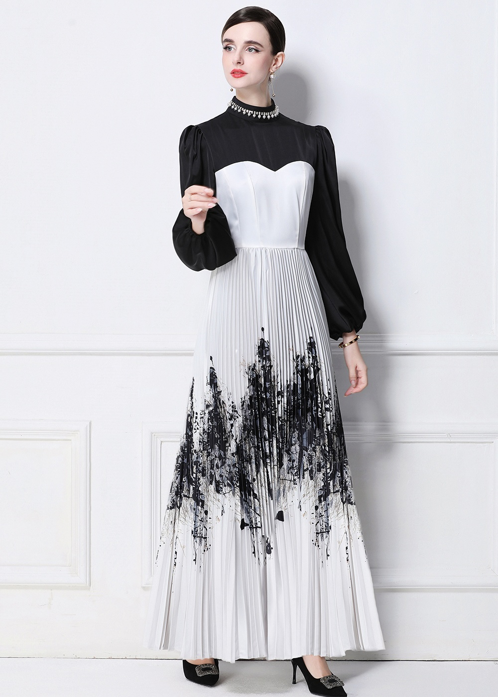 Ink splashes printing splice Chinese style dress