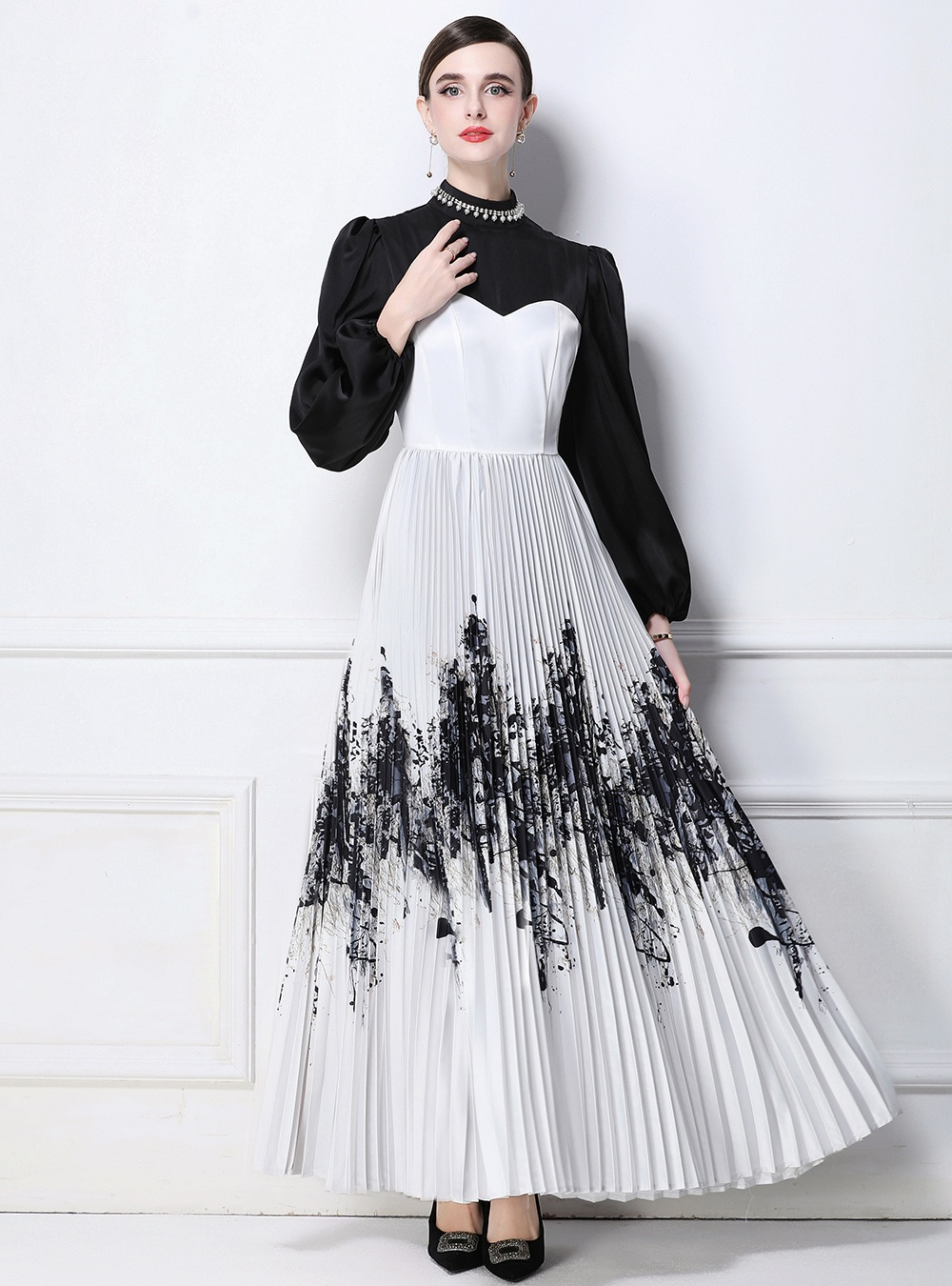 Ink splashes printing splice Chinese style dress