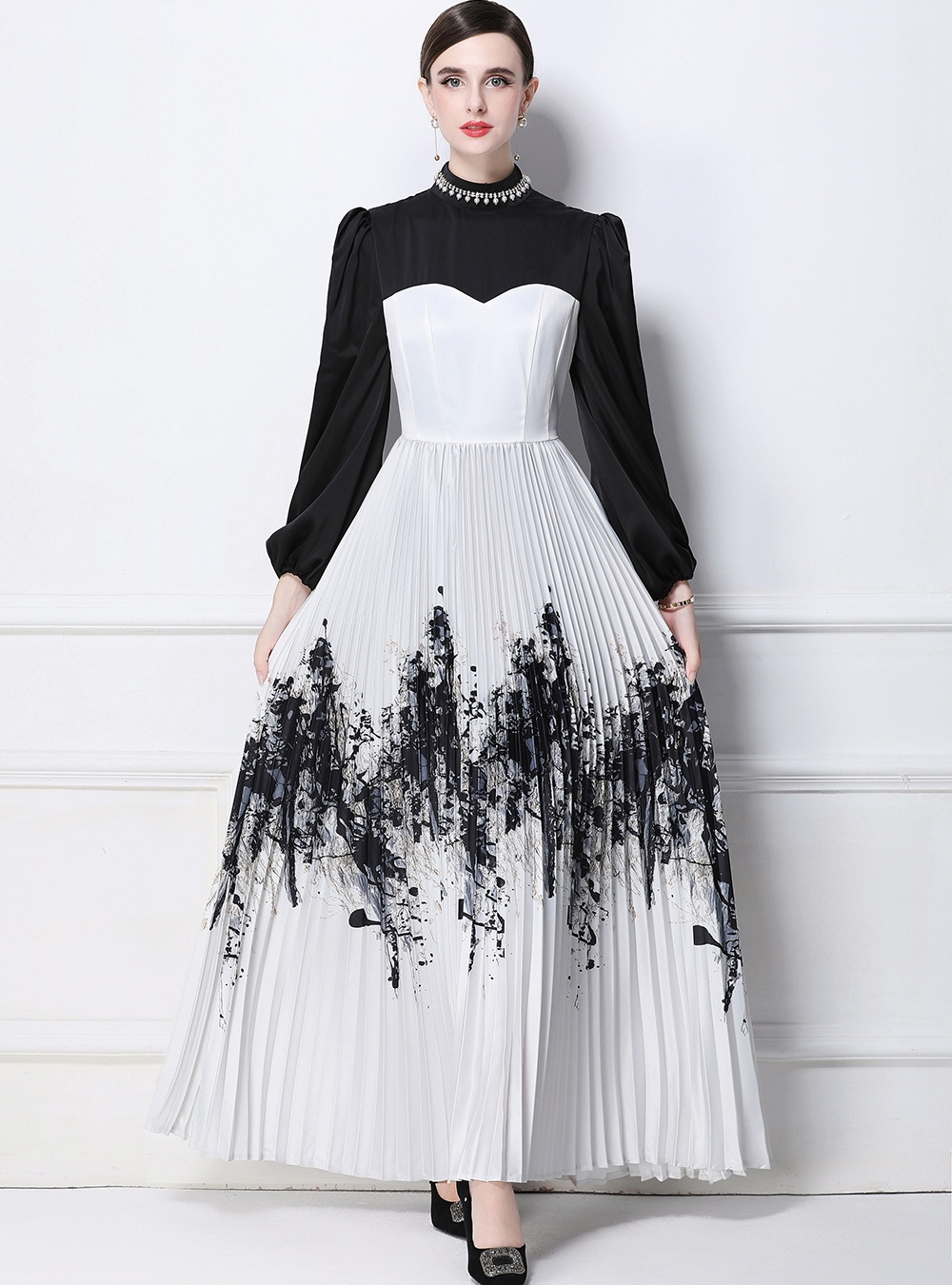 Ink splashes printing splice Chinese style dress