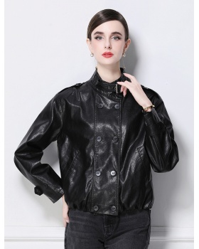 Double-breasted retro coat European style PU jacket