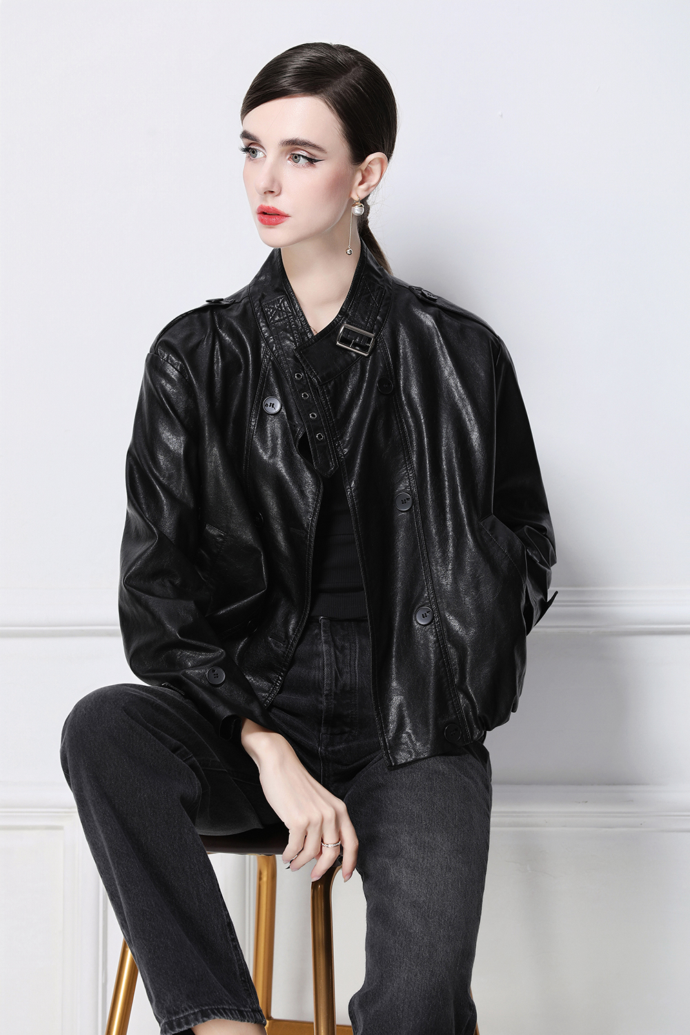 Double-breasted retro coat European style PU jacket