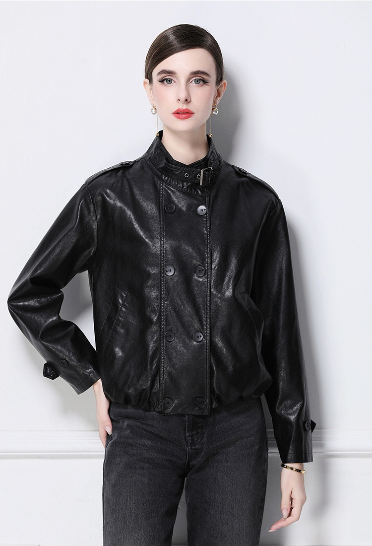 Double-breasted retro coat European style PU jacket