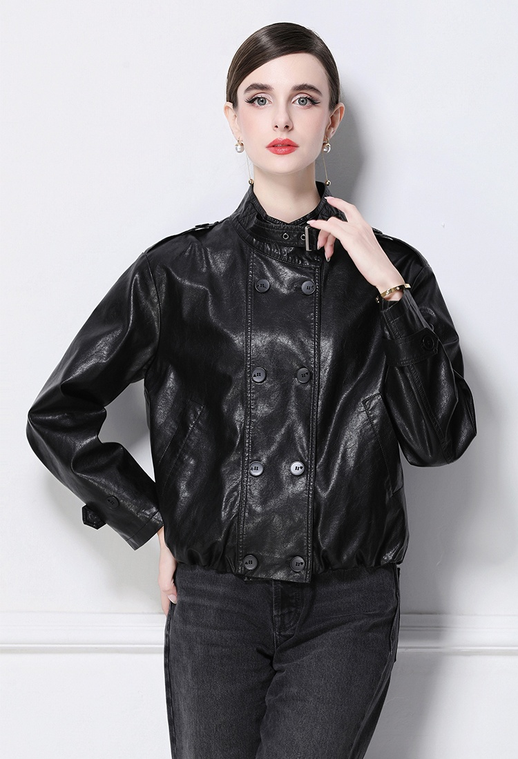 Double-breasted retro coat European style PU jacket