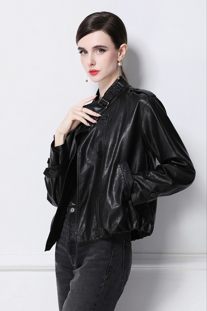 Double-breasted retro coat European style PU jacket