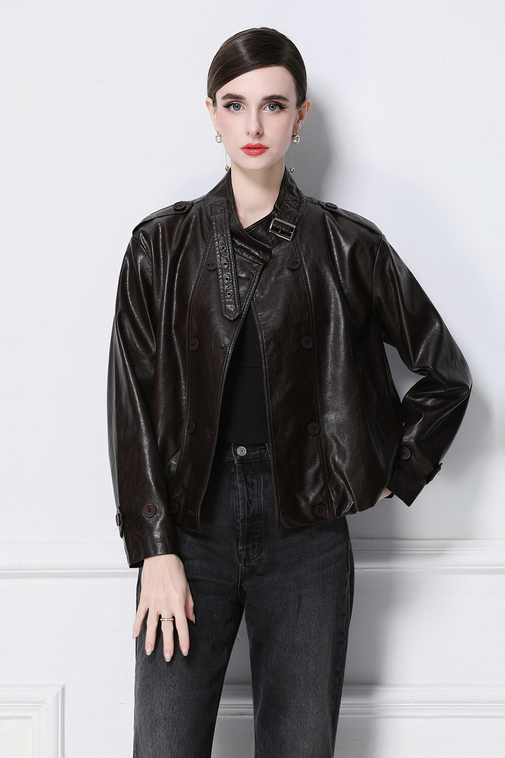 Double-breasted retro coat European style PU jacket