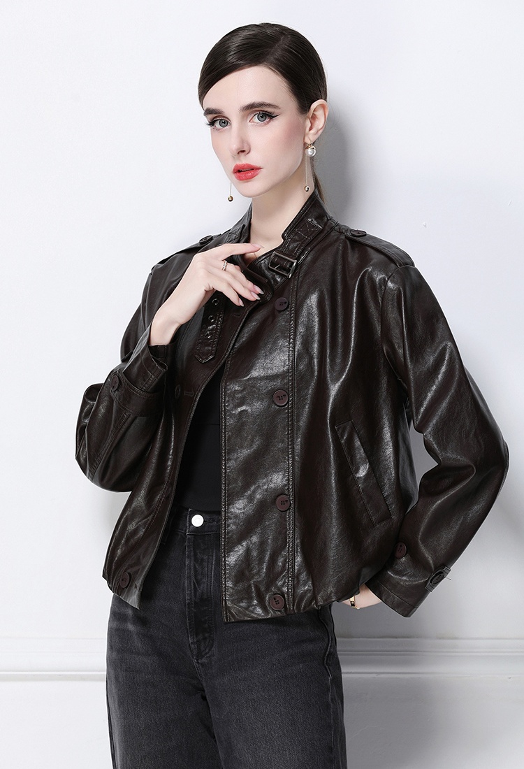 Double-breasted retro coat European style PU jacket