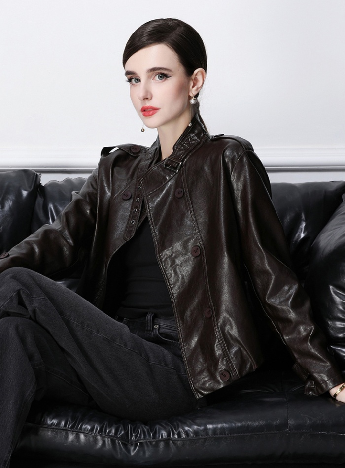 Double-breasted retro coat European style PU jacket