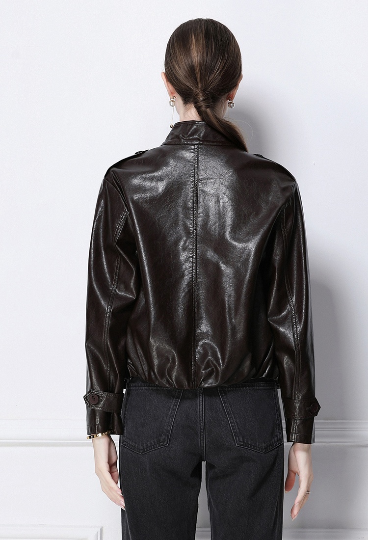Double-breasted retro coat European style PU jacket