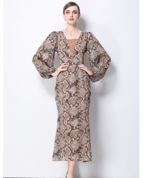 Puff sleeve snakeskin dress retro long dress
