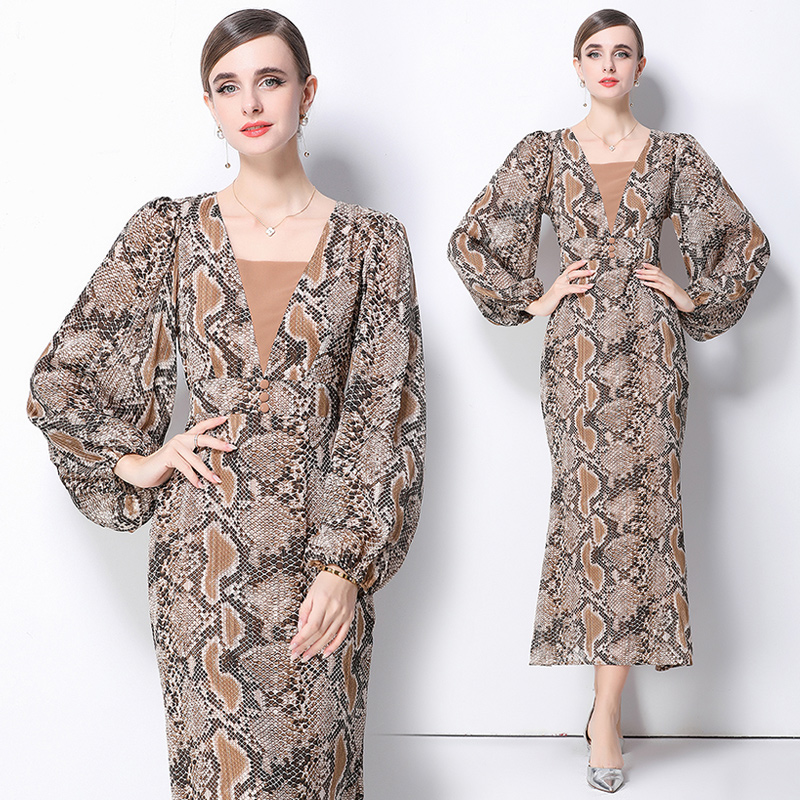 Puff sleeve snakeskin dress retro long dress
