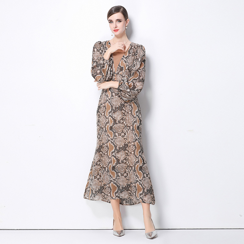 Puff sleeve snakeskin dress retro long dress