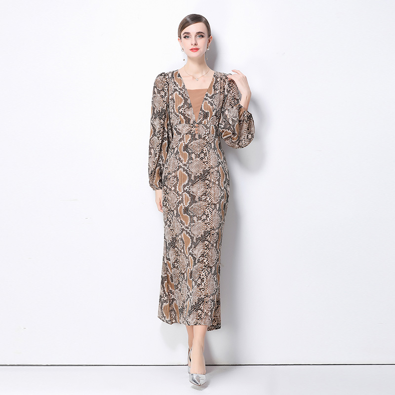 Puff sleeve snakeskin dress retro long dress