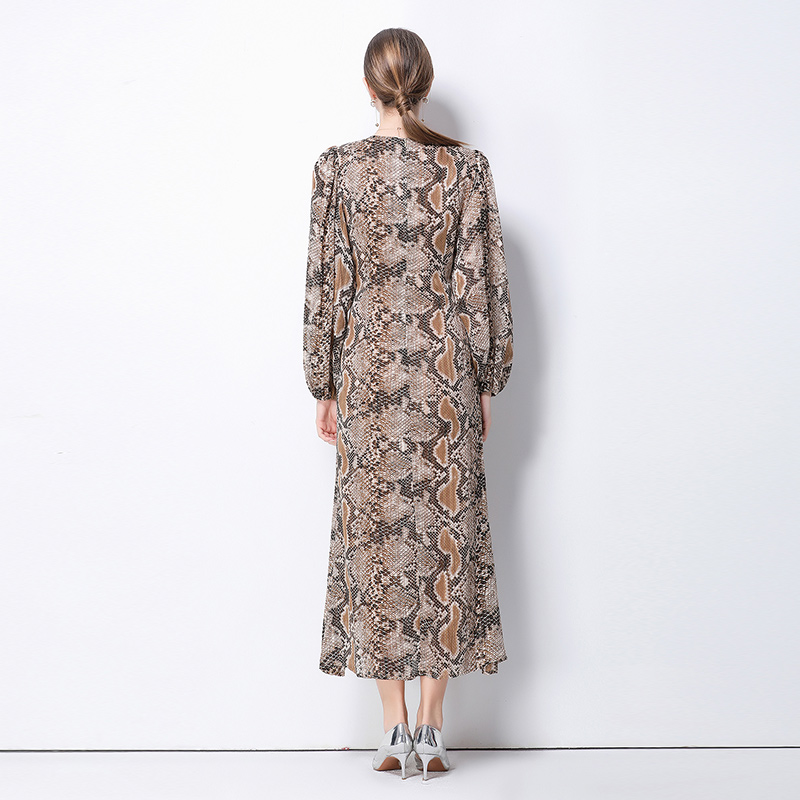 Puff sleeve snakeskin dress retro long dress