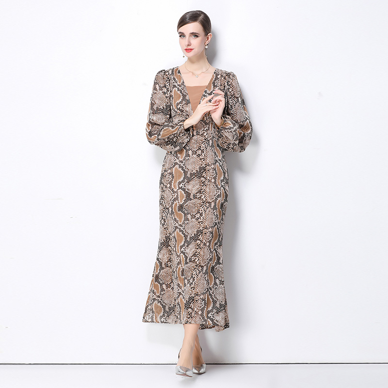 Puff sleeve snakeskin dress retro long dress