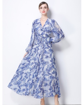 Elegant printing pinched waist slim temperament dress