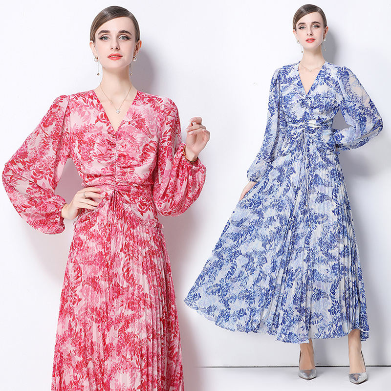 Elegant printing pinched waist slim temperament dress