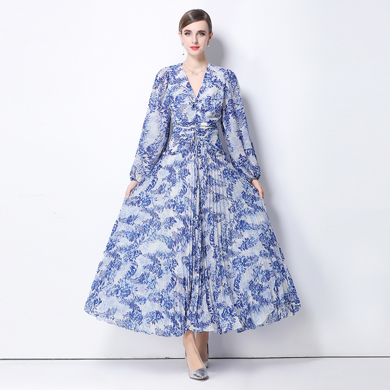 Elegant printing pinched waist slim temperament dress