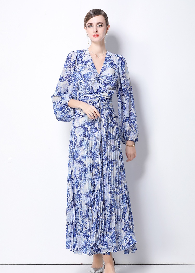 Elegant printing pinched waist slim temperament dress
