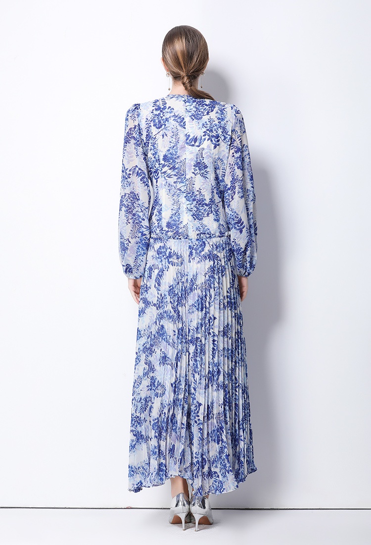 Elegant printing pinched waist slim temperament dress