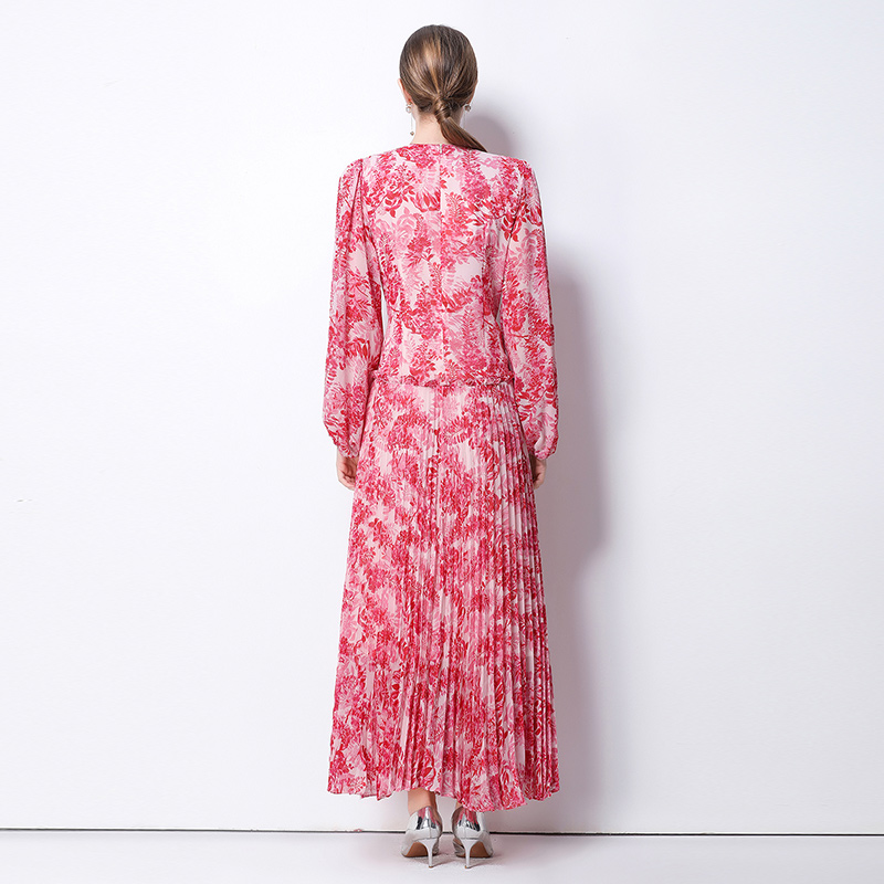 Elegant printing pinched waist slim temperament dress