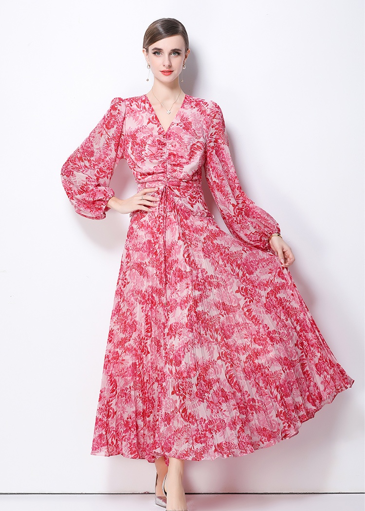 Elegant printing pinched waist slim temperament dress