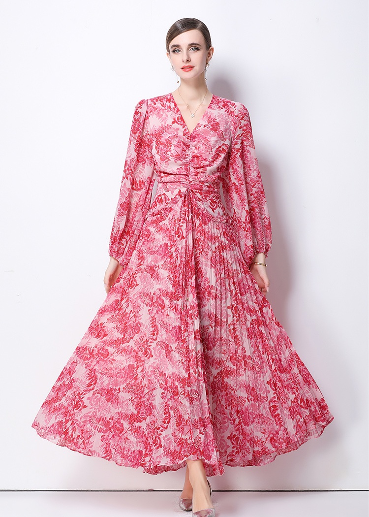 Elegant printing pinched waist slim temperament dress