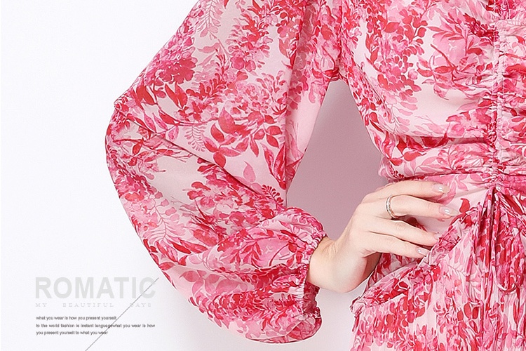 Elegant printing pinched waist slim temperament dress