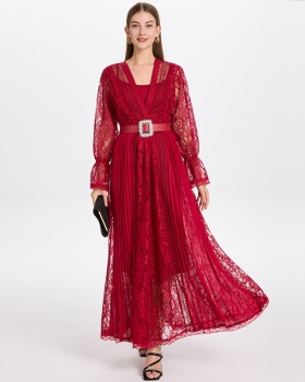 Court style chiffon dress splice crystal belt 2pcs set