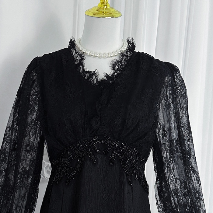 Beading pinched waist France style temperament dress
