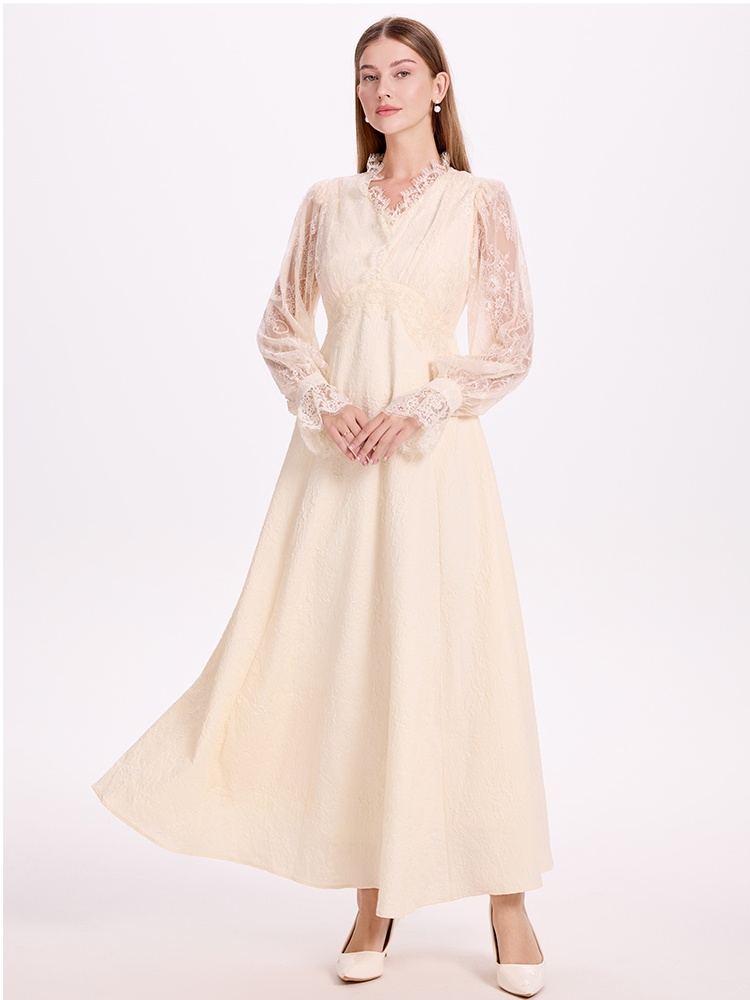 Beading pinched waist France style temperament dress
