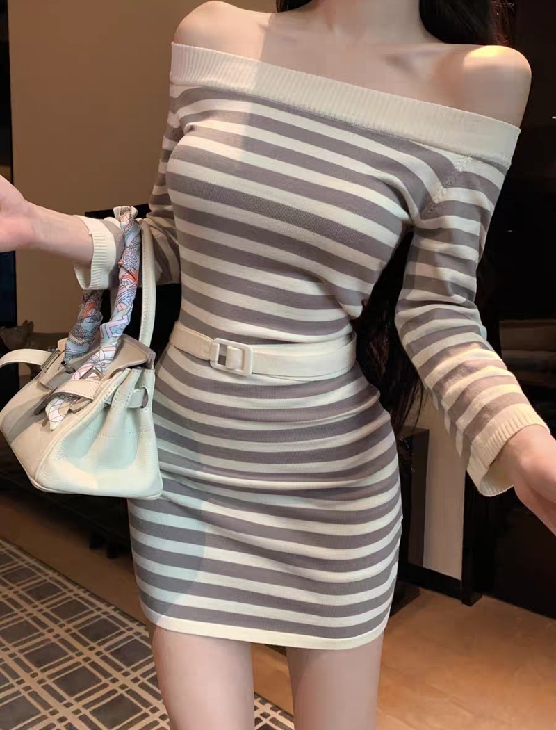 Retro show young dress flat shoulder slim belt for women