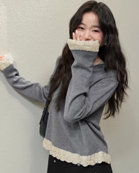 Red Pseudo-two hollow sweater bottoming lace autumn tops