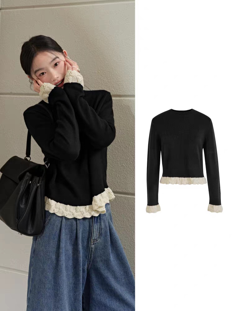 Red Pseudo-two hollow sweater bottoming lace autumn tops