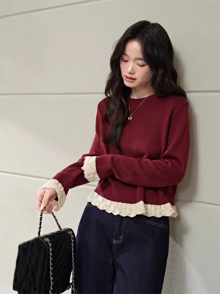 Red Pseudo-two hollow sweater bottoming lace autumn tops