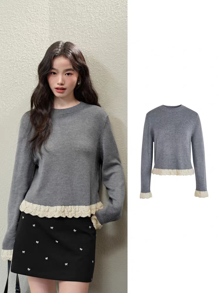 Red Pseudo-two hollow sweater bottoming lace autumn tops