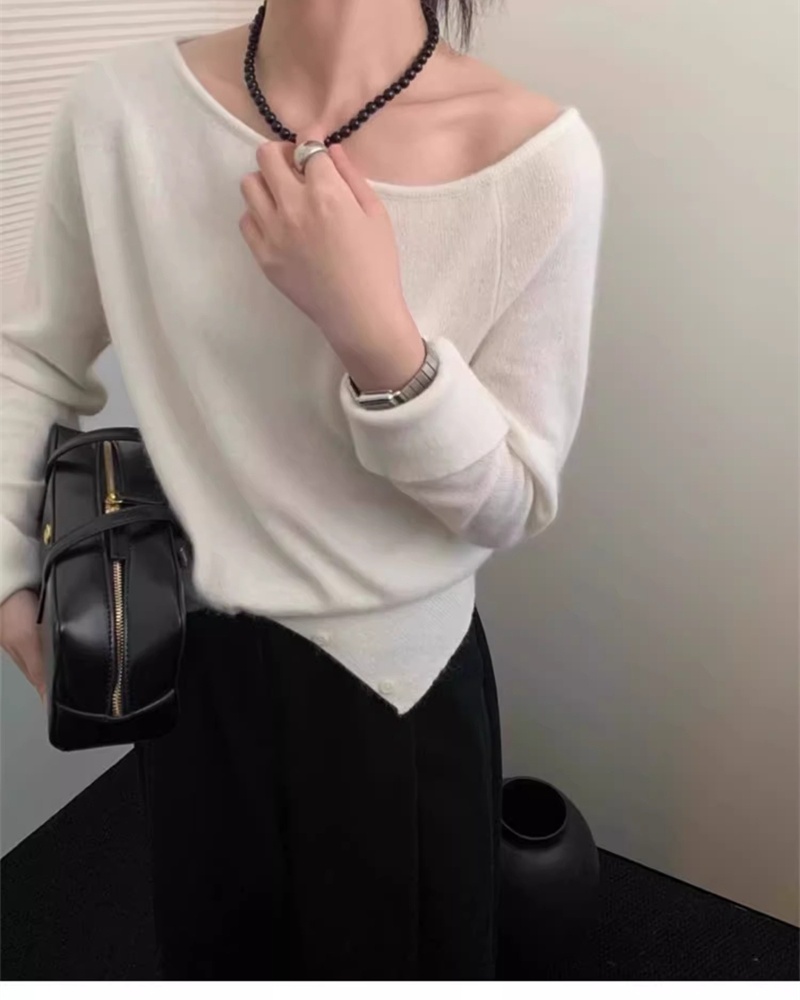 Split slim temperament sloping shoulder sweater for women