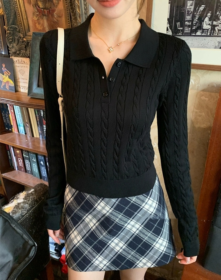 Wears outside retro lapel tops long sleeve twist sweater