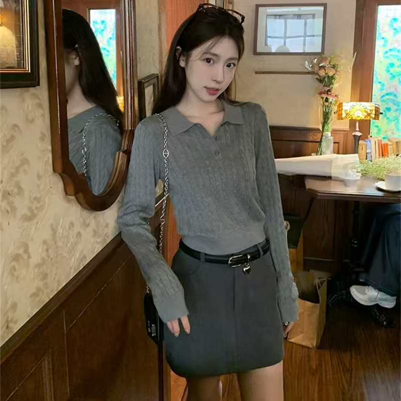 Wears outside retro lapel tops long sleeve twist sweater