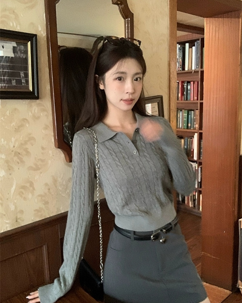 Wears outside retro lapel tops long sleeve twist sweater