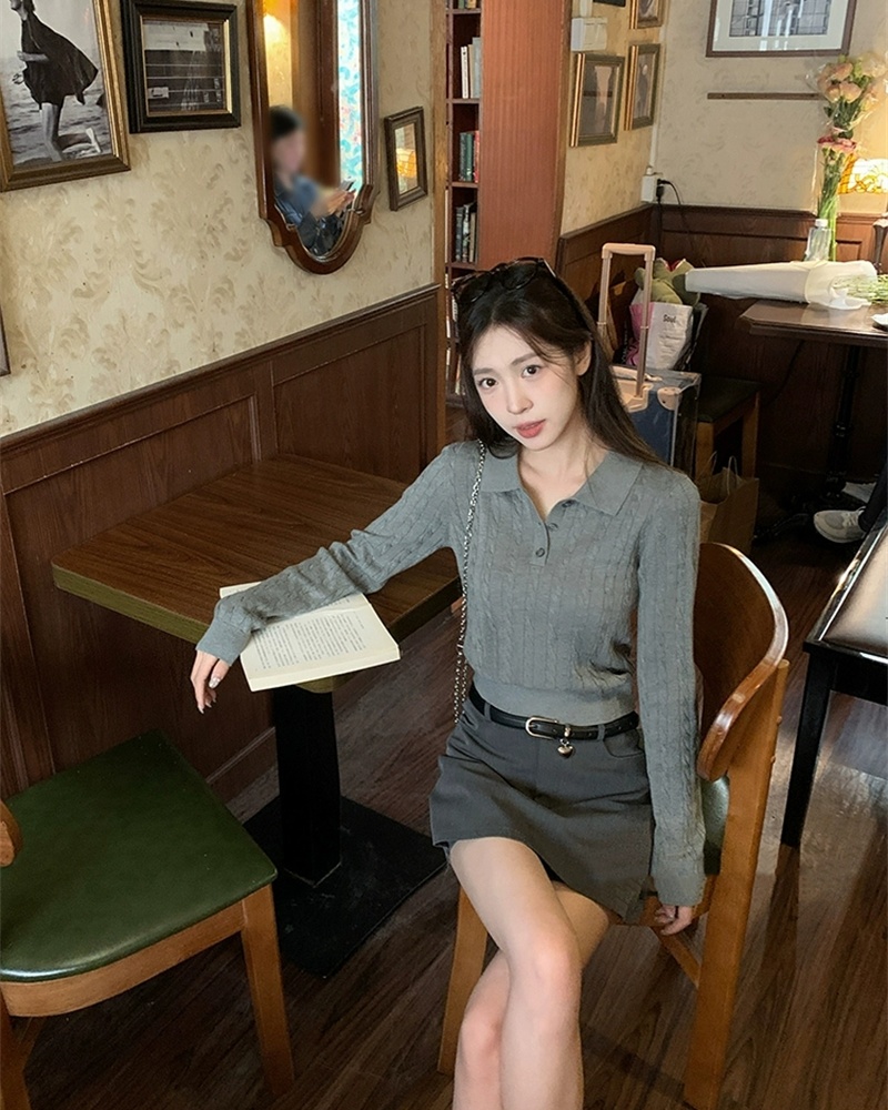 Wears outside retro lapel tops long sleeve twist sweater